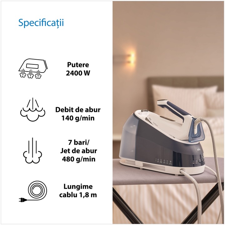 Statie de calcat Braun CareStyle 5 IS5245BL, 2400W, 7 bari, abur variabil 140g/min, jet de abur 480g/min, rezervor detasabil 2L, tehnologie iCare, tehnologie FreeGlide, talpa EloxalPlus, sistem Ultimate FastClean, oprire automata, albastru