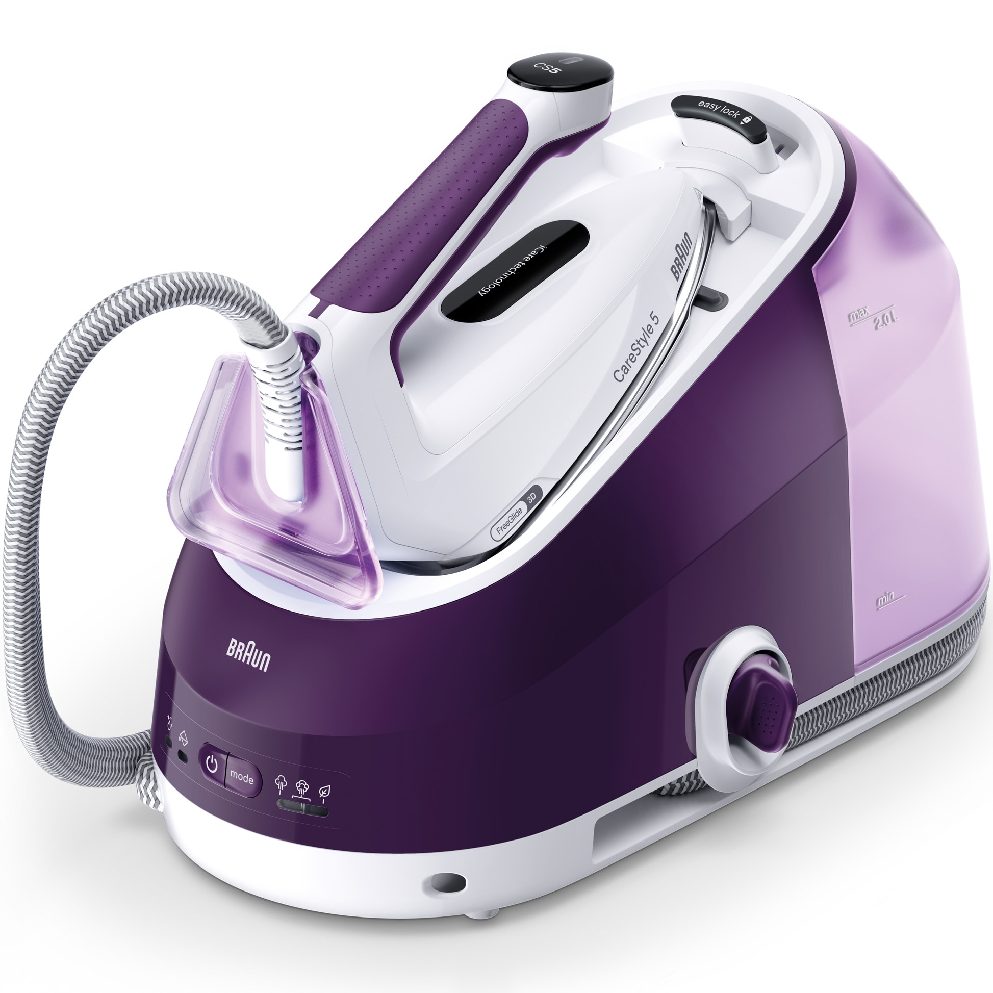 Statie de calcat Braun CareStyle 5 IS5247VI, 2400W, 7.5 bari, abur variabil 145g/min, jet de abur 500g/min, rezervor detasabil 2L, tehnologie iCare, tehnologie FreeGlide, talpa Elo