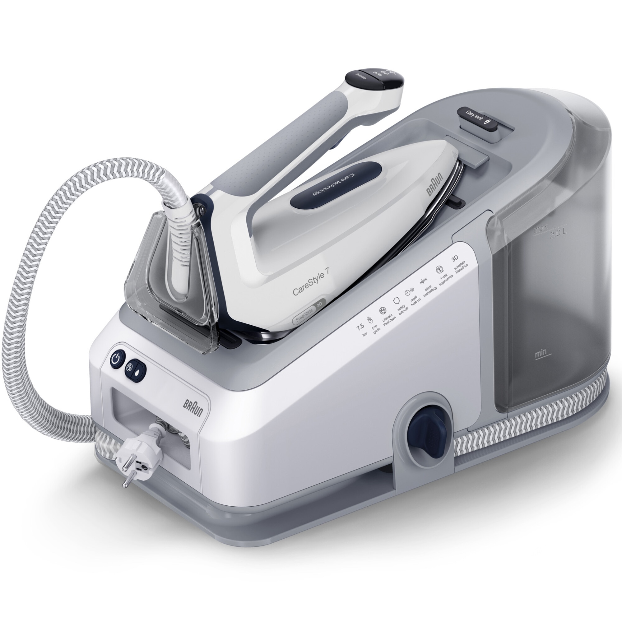 Statie de calcat Braun CareStyle 7 IS7262GY, 2700W, 7.5 bari, abur variabil 150g/min, jet de abur 510g/min, rezervor detasabil 2L, tehnologie iCare, tehnologie FreeGlide, talpa Elo