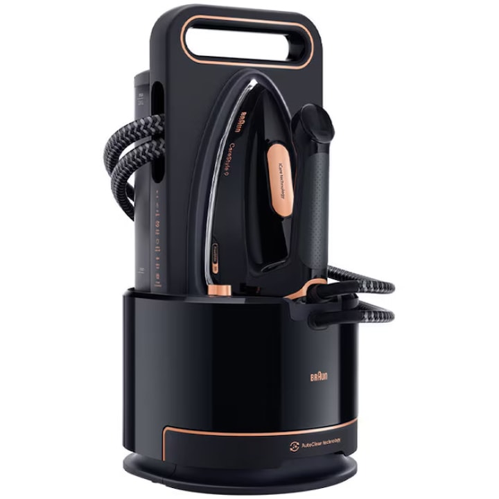 Statie de calcat Braun CareStyle 9 IS9090BK, 2700W, 9 bari, abur variabil 190g/min, jet de abur 750g/min, rezervor detasabil 2L, tehnologie AutoClean, tehnologie AutoSteam, tehnologie iCare, tehnologie FreeGlide, talpa EloxalPlus, oprire automata, negru