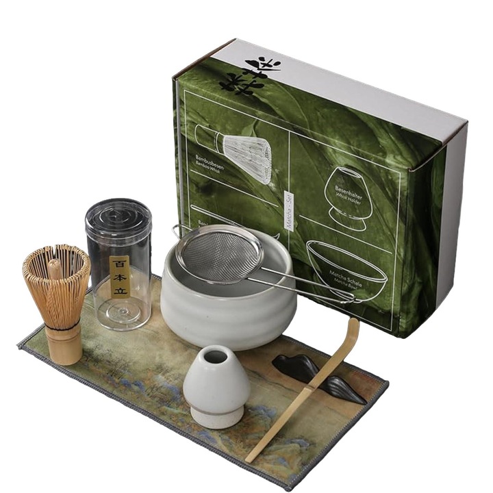 Set pentru Ceai Matcha, Set ceai Matcha 7 piese, Bol pentru Matcha, Suport pentru tel, Lingurita din Bambus, Stand pentru lingurita, Panza de Ceai Din Bumbac, Suport pentru tel Cerami, Sita, Ambalaj Cadou, Alb