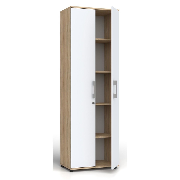 Sifonier Gindo 60 2D, 182x60x32cm, 5 rafturi, usi albe cu inchidere pe cheie, finisaj laminat