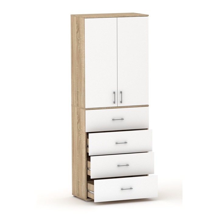 Dulap GINDO POLA 215 4S3P, 2 usi, 4 sertare, 40x40cm, Alb/Dab Sonoma