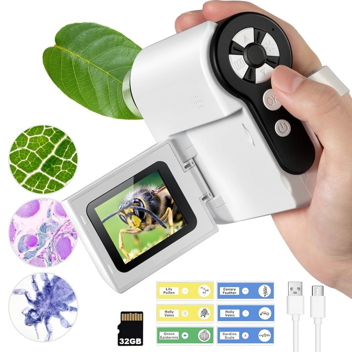 Преносим цифров микроскоп за деца, 4K, 2" LCD дисплей, 32GB, 3,7x1,6x4,3 инча, с 6 слайда за проби