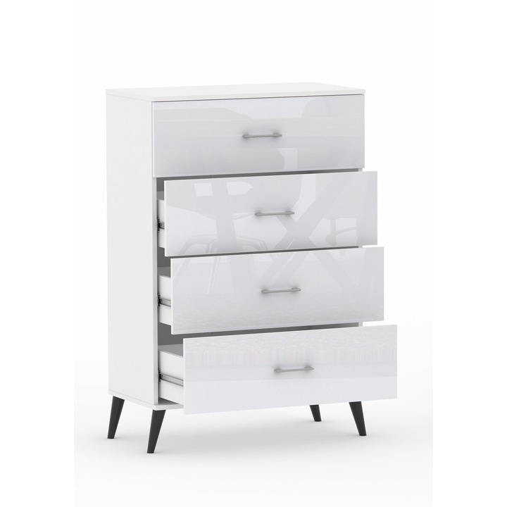 Comoda GINDO POLA 4N, alb lucios, 4 sertare, dimensiuni 117x50-80x40cm