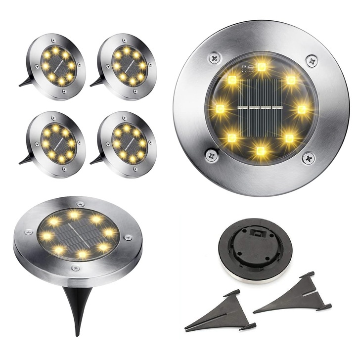 Selling Depot 4 db-os napelemes lámpa szolár töltéssel kerti, kempingezési, otthoni használatra, 8 LED 2W meleg fehér, rozsdamentes acél, IP65
