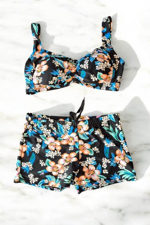 2 részes fürdőruha, molett, alsónadrág, melltartó, melltartó, tengeri virágos, XL