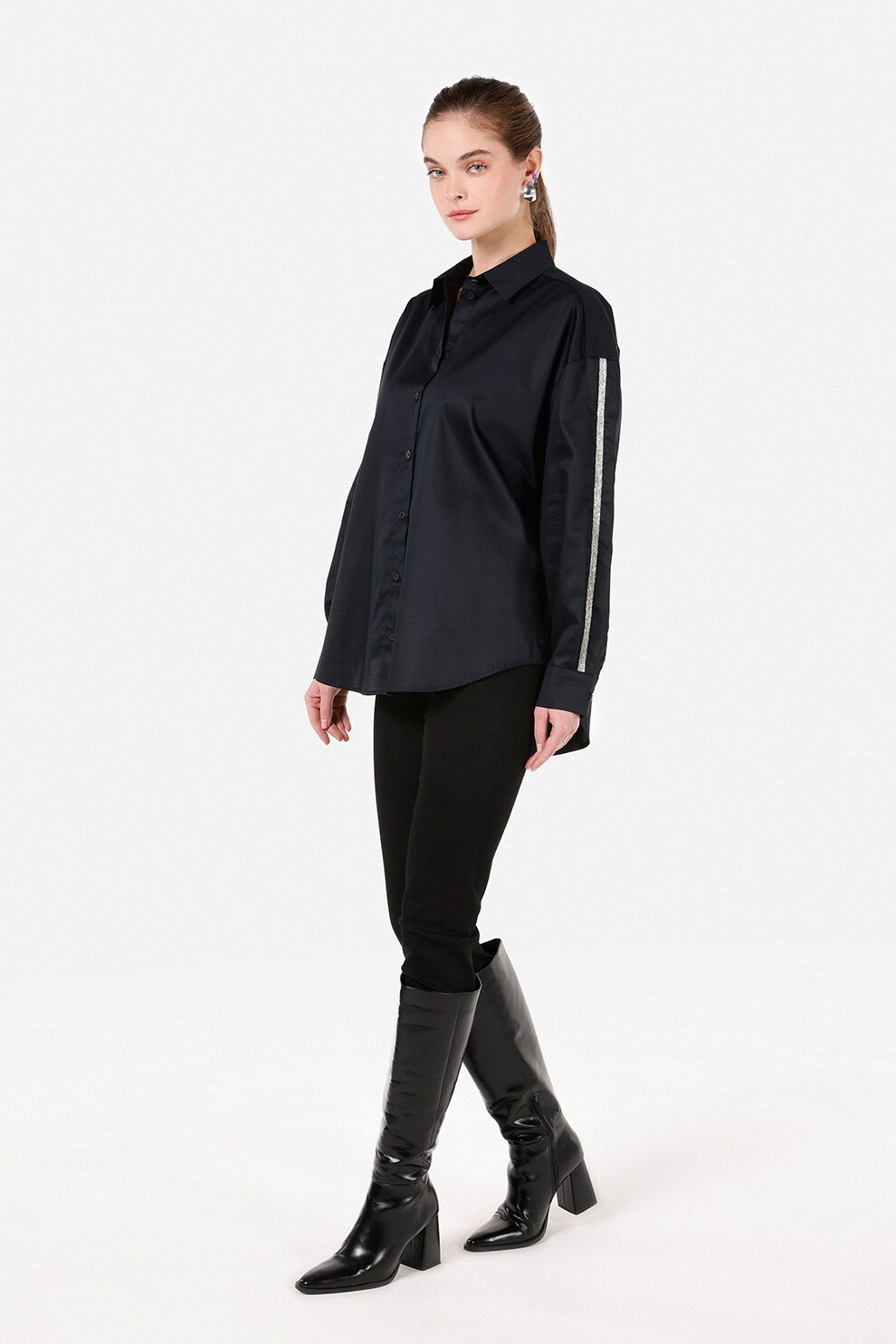COLIN'S, Camasa satinata cu maneci cazute, Negru, XS-S