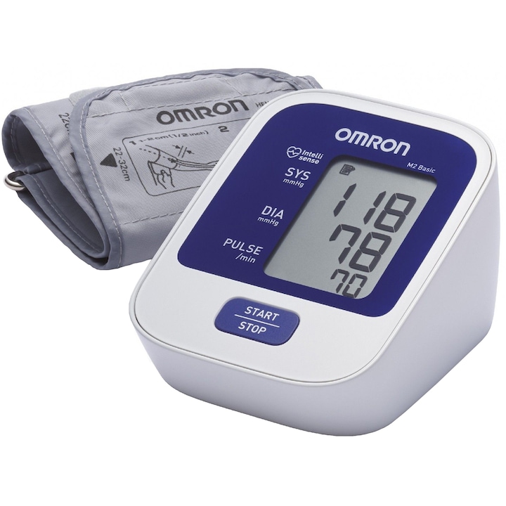OMRON M2 Basic felkaros vérnyomásmérő, klinikailag tesztelt, mandzsetta 22-32 cm, oszcillometriás, Fehér/Kék