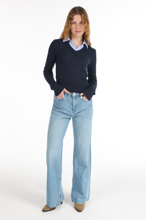 COLIN'S, Pulover slim-fit cu guler mock si model torsade, Albastru ultramarin, XS