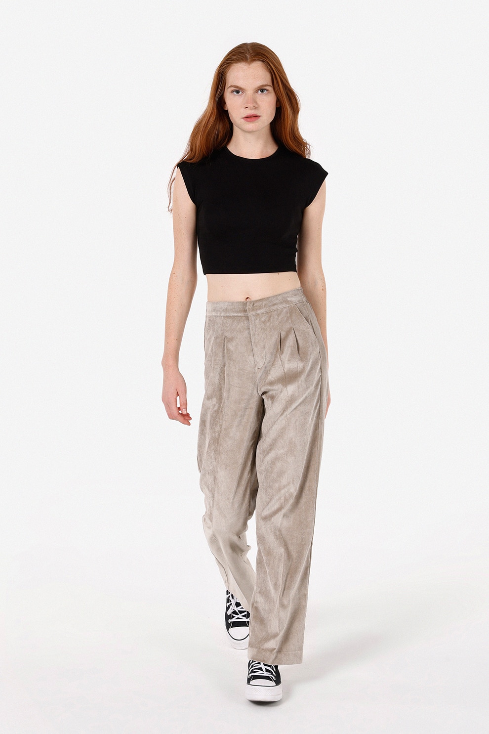 COLIN'S, Pantaloni cu talie inalta si pliuri, Maro taupe deschis, S