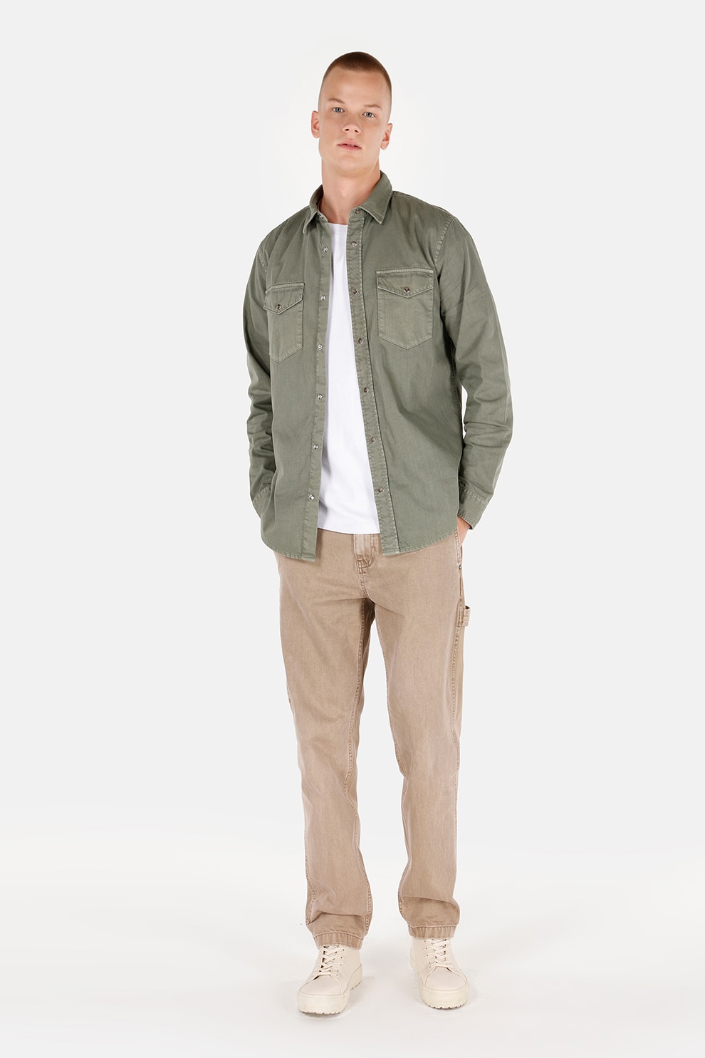 COLIN'S, Camasa de bumbac cu buzunare pe piept, Verde sparanghel, 2XL