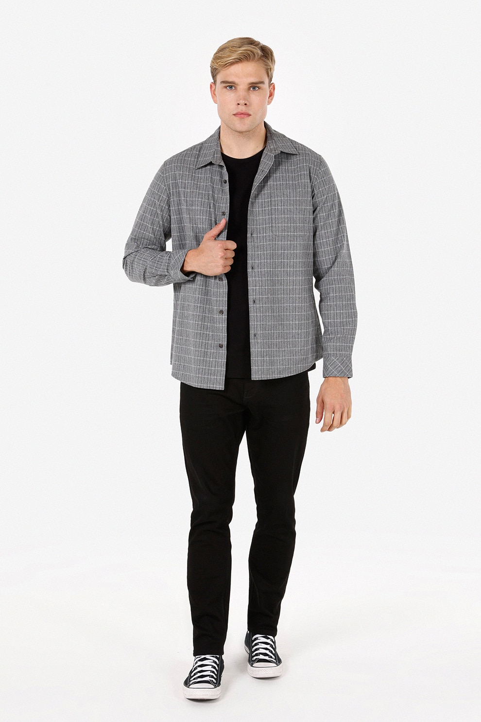 COLIN'S, Camasa de bumbac in carouri, Alb, Gri melange, 2XL