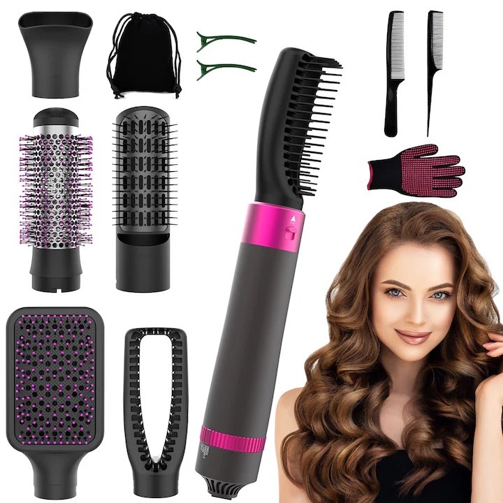 Комплект електрическа четка за коса 5 в 1, сешоар и стил, 3 температурни настройки, черен/розов