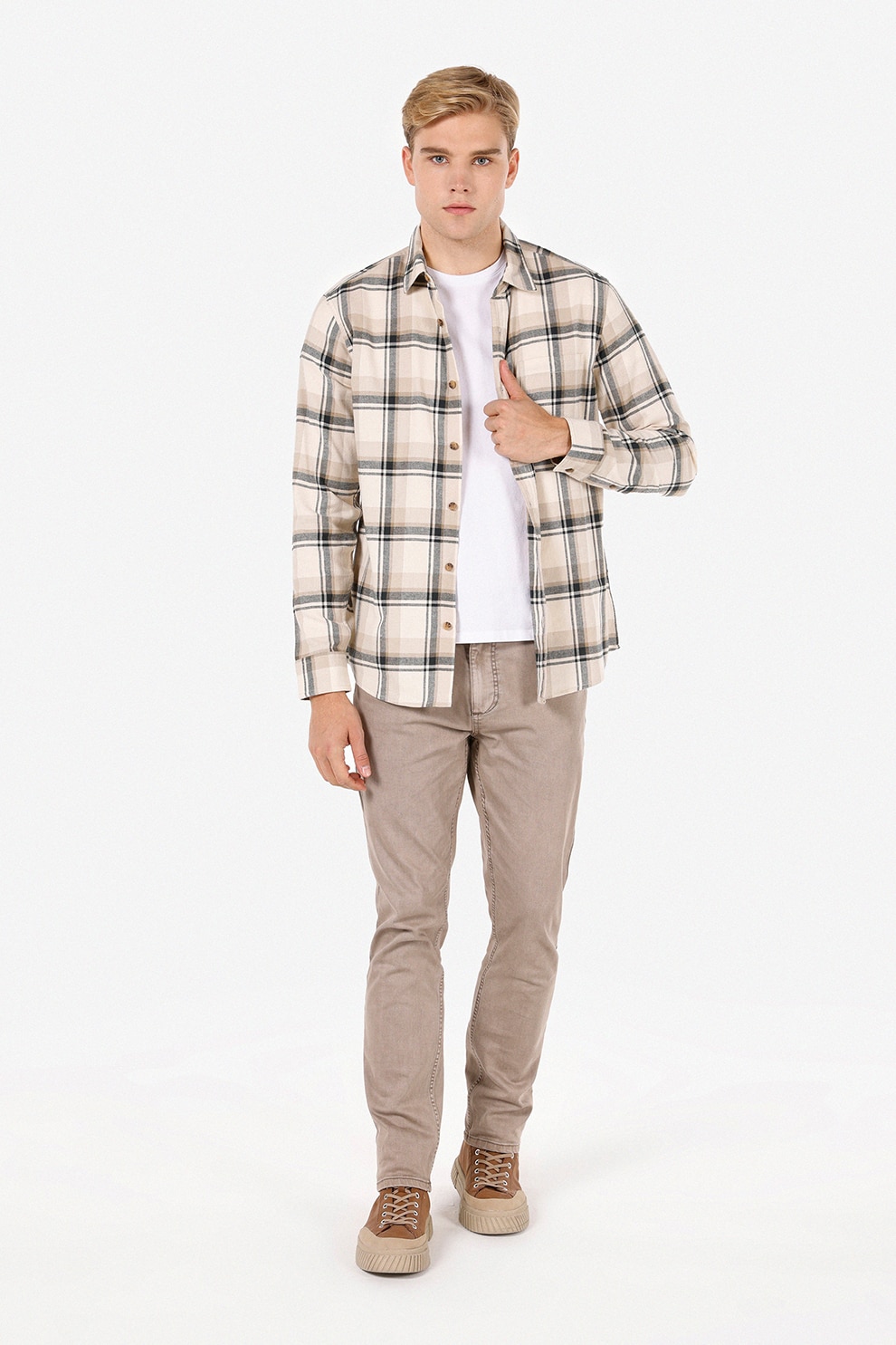 COLIN'S, Camasa cu maneci lungi si model in carouri, Crem, Gri inchis, 2XL