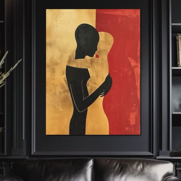 Премиум картина върху платно, LuxCanva® E1006, Прегръщащи души, 100 X 135 см, 100% памучно платно 400 г/м2, дървена рамка, защита, уединение, вечност, златисто, черно, хол, ярки цветове