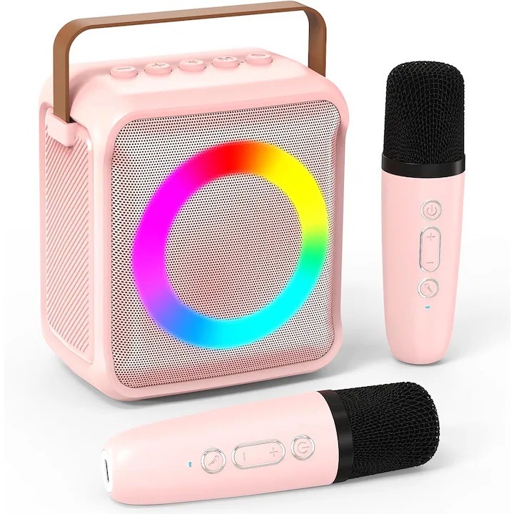 Hordozható karaoke gép, 2 vezeték nélküli mikrofonnal, erőteljes hangzás, Bluetooth, világos rózsaszín