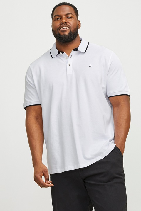 Jack & Jones, Galléros organikuspamut póló, Fehér/Tengerészkék, 2XL