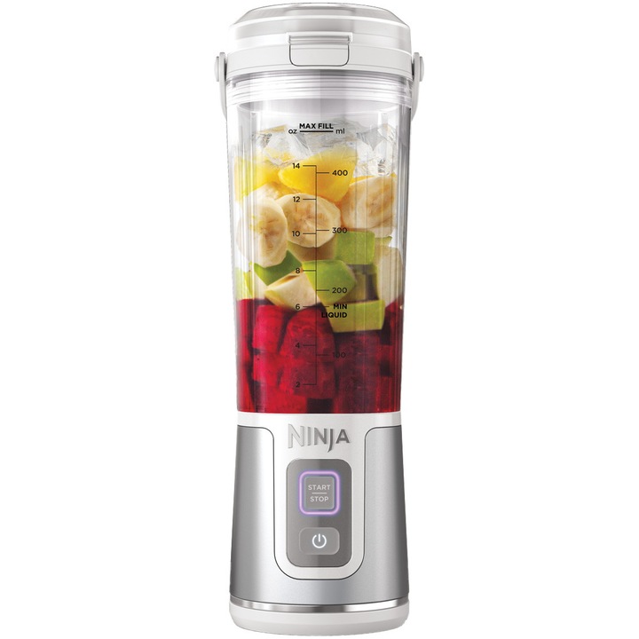 Blender portabil Ninja Blast BC151, capacitate 530ml, 10 utilizari per incarcare, acumulator 5V, maner de transport, capac special pentru lamele din otel inoxidabil BlastBlade, recipient Tritan, incarcator USB-C inclus, alb