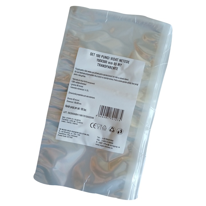 Pungi vidat/vacuum netede, pentru masini de vidat cu camera, 150X300 mm, grosime 65 microni, transparente, set 100 bucati