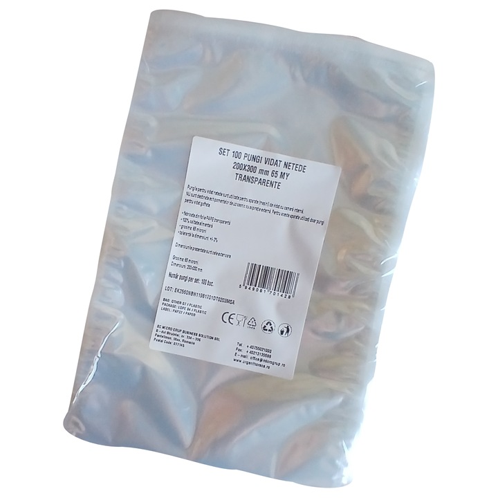 Pungi vidat/vacuum netede, pentru masini de vidat cu camera, 200X300 mm, grosime 65 microni, transparente, set 100 bucati
