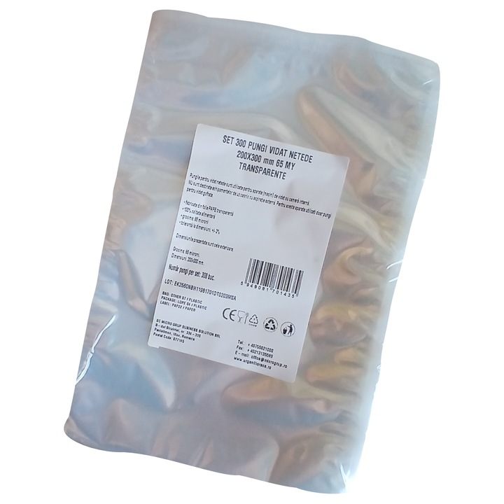 Pungi vidat/vacuum netede, pentru masini de vidat cu camera, 200X300 mm, grosime 65 microni, transparente, set 300 bucati