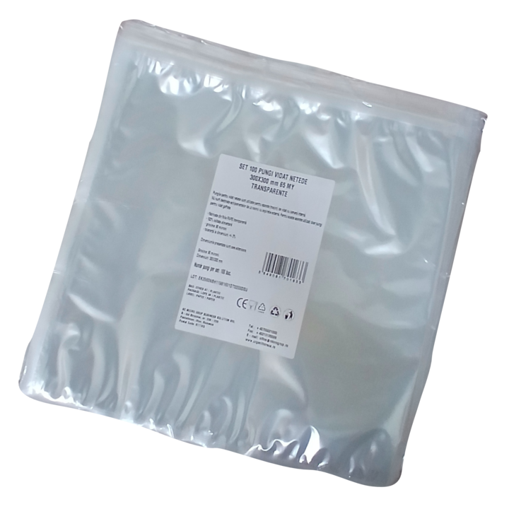 Pungi vidat/vacuum netede, pentru masini de vidat cu camera, 300X300 mm, grosime 65 microni, transparente, set 100 bucati