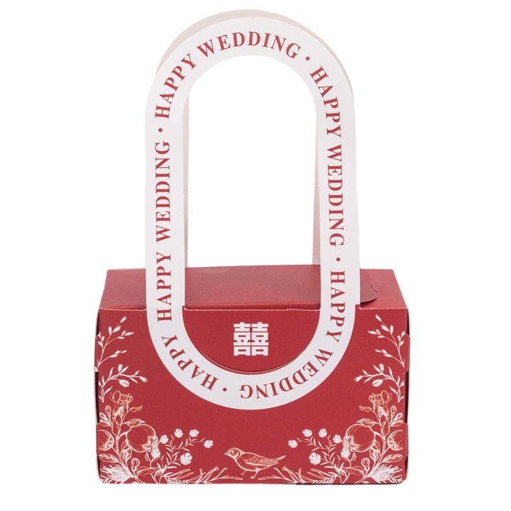 Cutie model floral cu maner si mesaj Happy wedding - rosu (set 25 buc) - 10x6x5cm, Createur