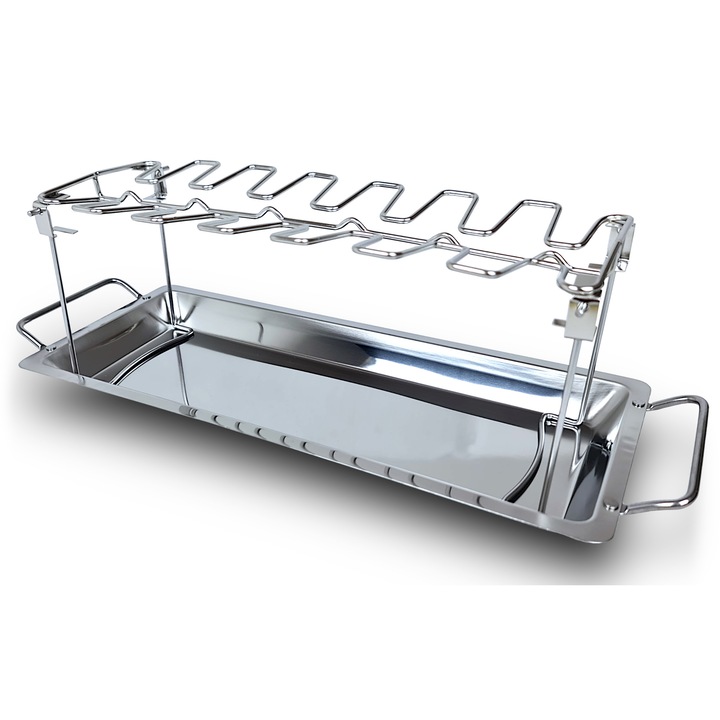 Suport pentru copanele de pui, Gardenko, otel inoxidabil, 14 pozitii, cu tava colectoare, pentru cuptor si gratar, pliabil, rezistent la temperaturi ridicate