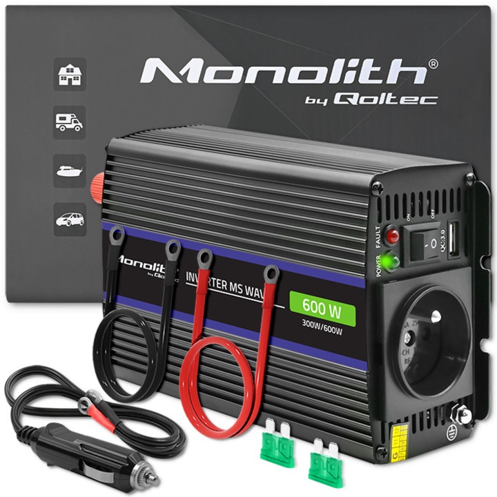 Преобразувател на напрежение, Qoltec, Monolith 600 MS Wave, 12V към 230V, 300/600W, USB, черен