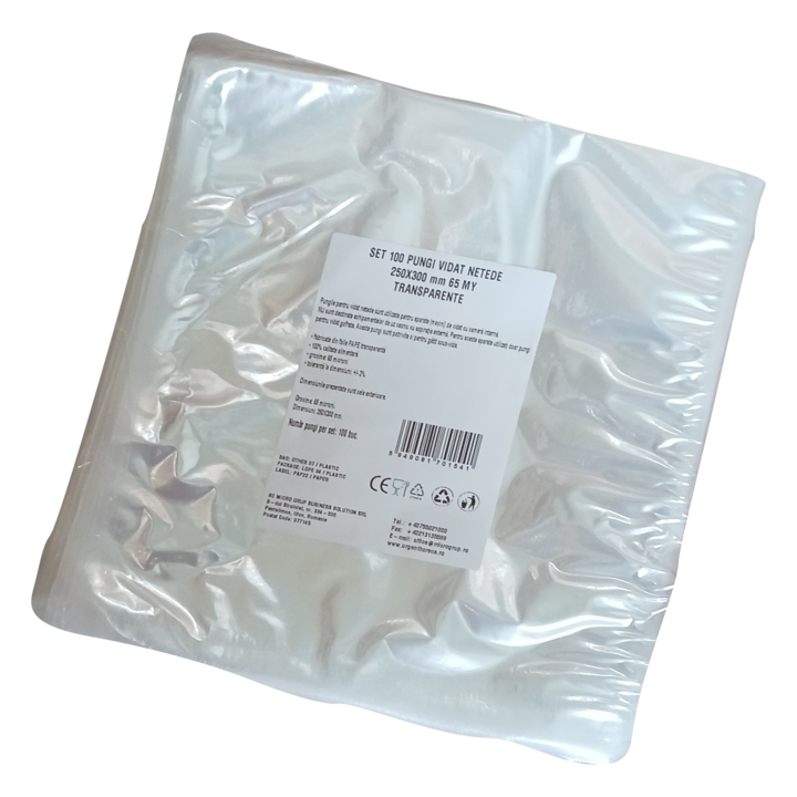 Pungi vidat/vacuum netede, pentru masini de vidat cu camera, 250X300 mm, grosime 65 microni, transparente, set 100 bucati