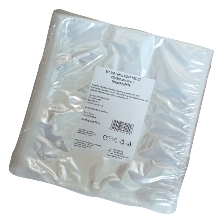 Pungi vidat/vacuum netede, pentru masini de vidat cu camera, 250X300 mm, grosime 65 microni, transparente, set 300 bucati