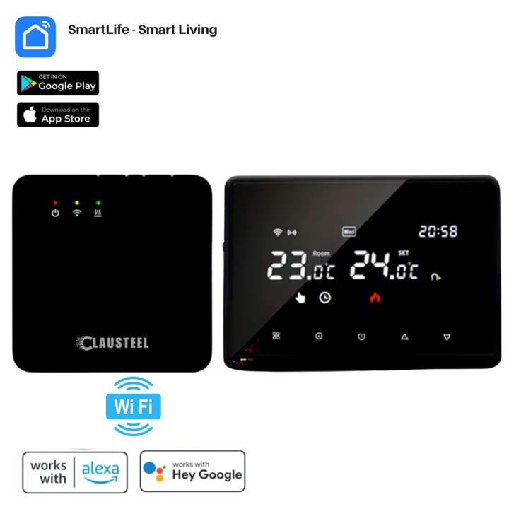 Termostat de Ambient CLAUSTEEL ME98, Wireless Touchscreen, Programare Saptamanala, Smart, Control de la Orice Distanta a Temperaturii Prin Internet/Telefon, Compatibil cu Orice Centrala, Incastrabil sau pe Suport, Negru