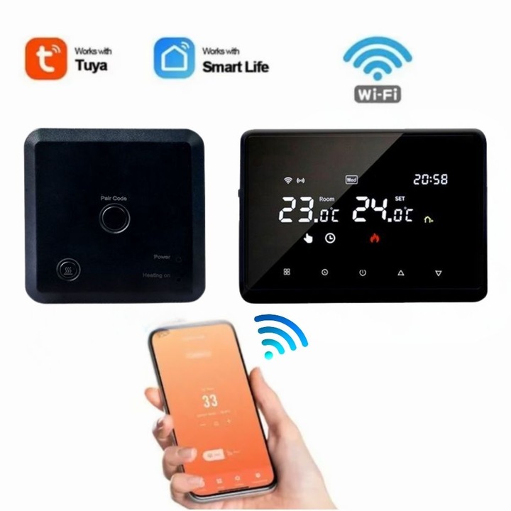 CLAUSTEEL ME98 Околен термостат, безжичен сензорен екран, седмично програмиране, интелигентен, дистанционно управление на температурата чрез интернет/телефон, съвместим с всеки централен, вграден или на стойка, черен