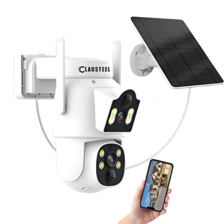 Camera de supraveghere duala CLAUSTEEL cu panou solar inclus, WIFI, 6MPX, acumulator 7500mAh, 2 senzori de miscare, Rotire Automata, Night Vision Color, Comunicare bidirectionala, Supravegheaza 2 zone simultan