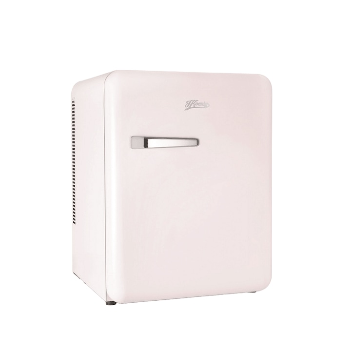 Mini frigider retro H.Koenig, TOAD6​​​​​​​, H 54 cm, volum 31 litri, ideal pentru HoReCa, birou, rulota, temperatura reglabila 6 - 15°C, iluminare interioara LED, 2 rafturi ajustabile, 2 rafturi pe usa, silentios, maner cromat, roz pastel