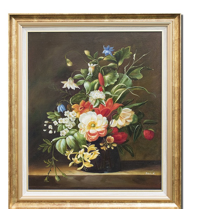 Tablou celebru inramat pictat manual, Aranjament floral, 75x65cm ulei pe panza, rama si paspartu din lemn, reproducere Rachel Ruysch