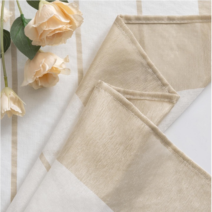 Set de doua perdele, cu inele, semitransparente, 140x300 cm, cu model in dungi, alb si bej