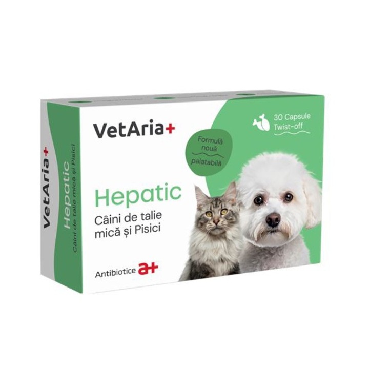 Supliment nutritiv pentru caini talie mica si pisici, VetAria+ Hepatic, 30 capsule