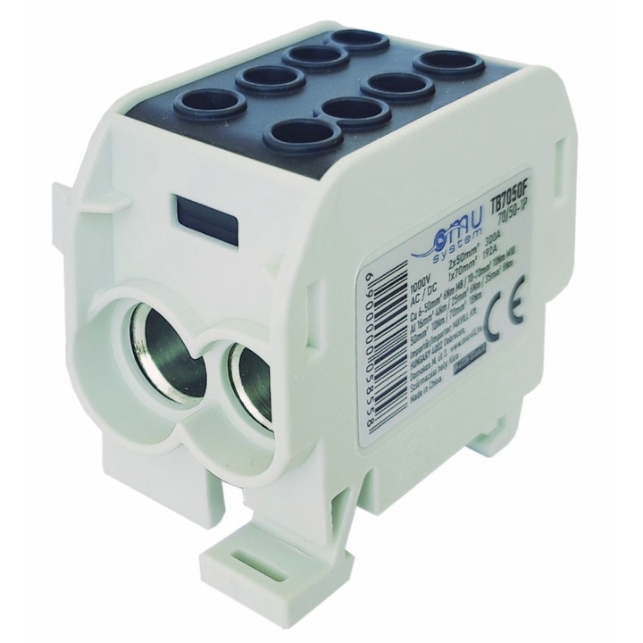 Clema de distributie - derivatie neagra Cu-Al 300A / 185A pe sina DIN 1 pol 2 intrari / borne (50+70mm²) si 2 iesiri (50+70mm²) 1000V AC/DC