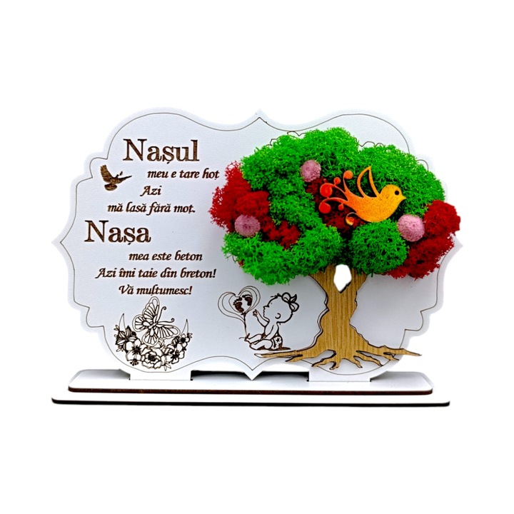 Decoratiune tablou cu suport, personalizat cu mesaj standard, cadou pentru "Nasul meu e tare hot.." model 2, alb, dimensiune 30x18cm