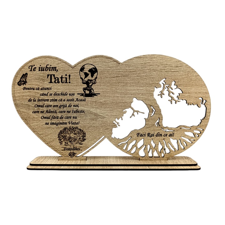 Decoratiune Blank Copacul Vietii cu suport si Inima, cadou personalizat cu mesaj standard pentru Tata, Sonoma, dimensiune 30x16cm