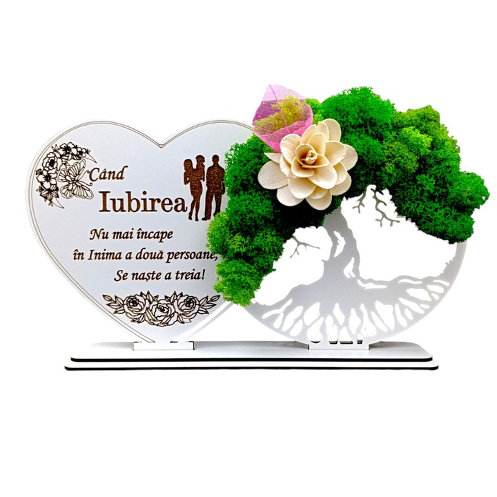 Decoratiune Copacul Vietii cu suport si Inima, cadou personalizat cu mesaj standard pentru Sotie/Prietena, Alb, dimensiune 30x16cm
