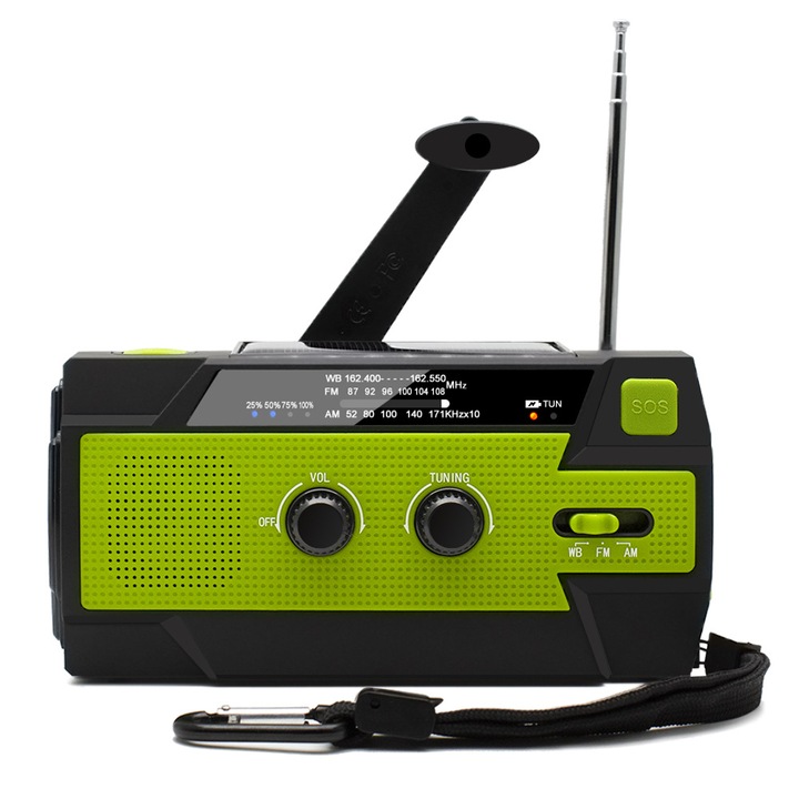 Radio de urgenta cu alerta NOAA, 4000mAh, power bank, AM/FM/SW, lanterna LED, alarma SOS, verde