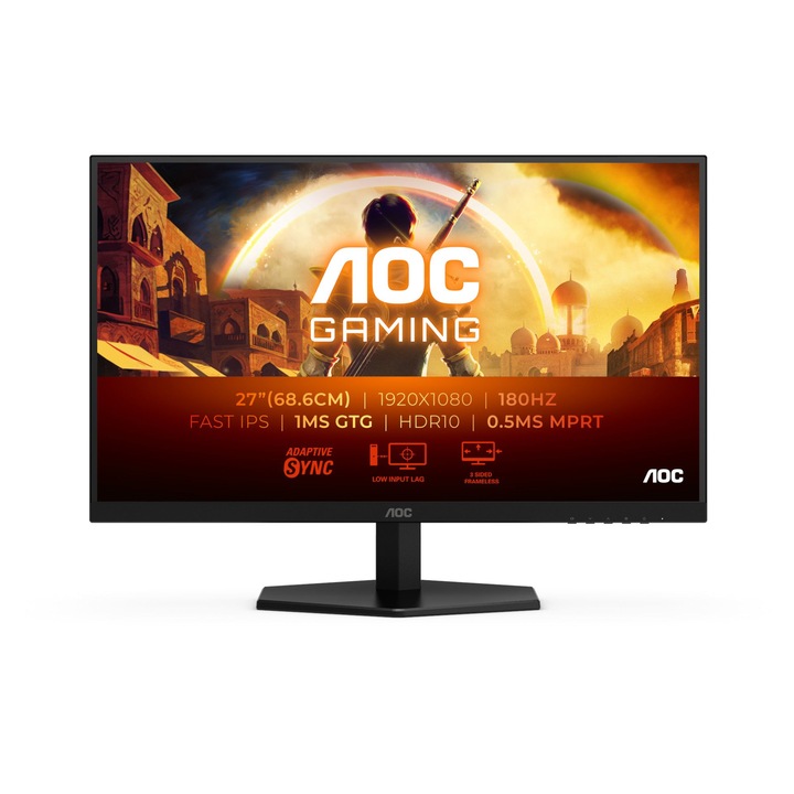 Монитор AOC 27G42E, 27', Gaming monitor, Fast IPS panel, AG, 16:9, FHD 1920x1080, 0.5ms, 180Hz, 300cd/m2, 1000:1, HDR 10, Adaptive Sync, Flicker Free, Low Blue Light, HDMI, DisplayPort, Audio Out, Tilt, VESA 100, Black 27G42E