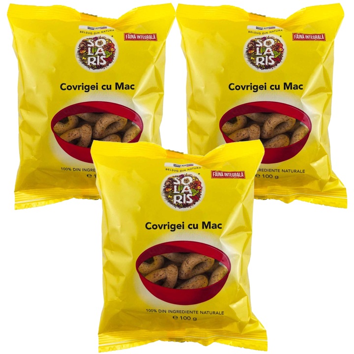 Set 3 Covrigei integrali cu seminte de mac, fara aditivi, fara conservanti, 100% naturali, 3x100g, Solaris Plant