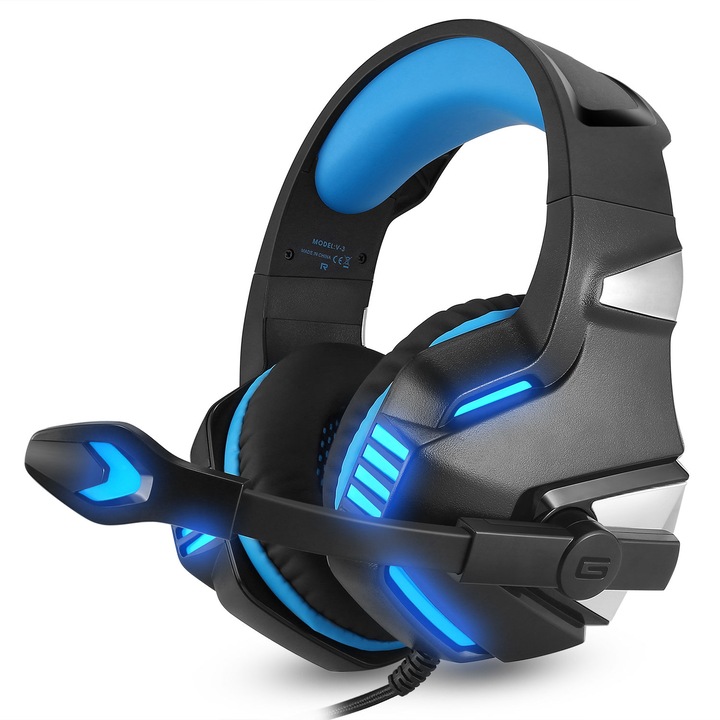 Casti de gaming over-ear, V3，sunet surround 360°, diafragma de 50MM, bass profund, compatibile cu PC / XBOX / PS, microfon cu reducere a zgomotului, fara presiune asupra urechilor, control al volumului, mufa metalica, culoare albastru/negru，Ugo®