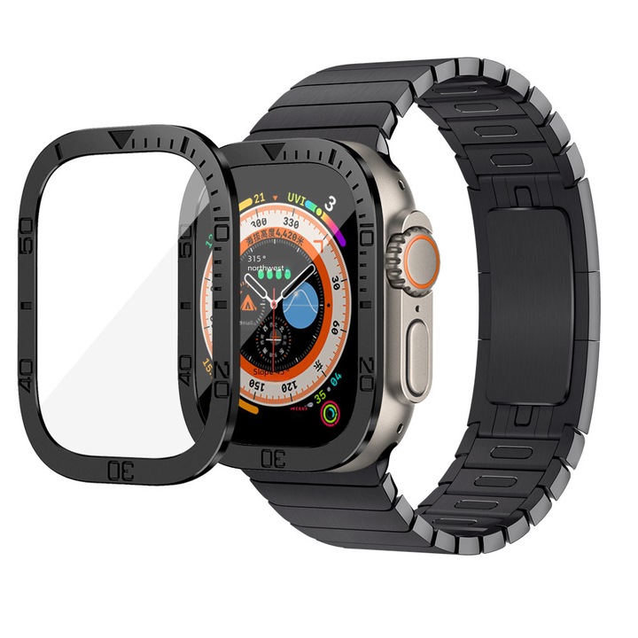 Подсилено стъклено фолио с метална рамка за Apple Watch 9 Ultra, черно