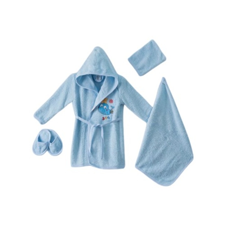 Детски комплект за баня BABY GORILLA BG, Халат + Кърпа + Чехли, 1-3 години, Синьо
