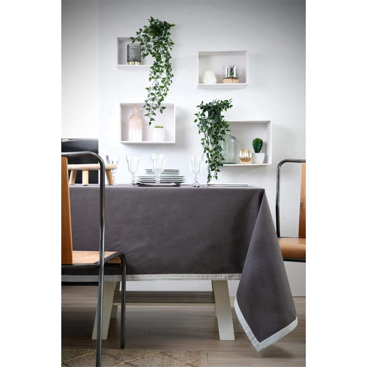 Fata De Masa, Stof, DUO, 140 x 240 cm, Bumbac De Inalta Calitate, Design In Doua Tonuri, Captuseala Contrastanta, Dreptunghi, 100 % Bumbac, Gri deschis/Argintiu